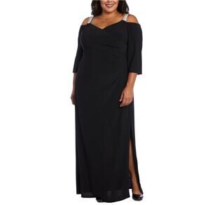 R&M Richards Black Evening Gown Long Sleeve Beaded Cold Shoulder Dress Size 20W